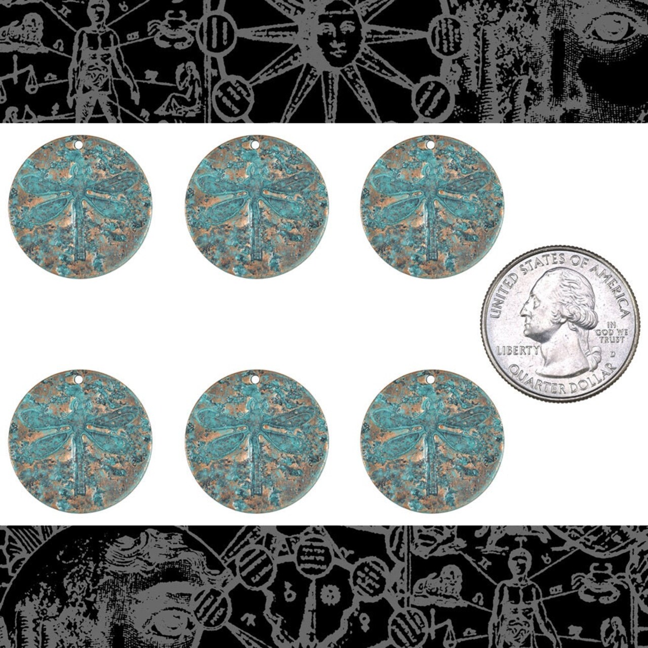 Verdigris Finished Brass Dragonfly Disk Charms - Set of Six - V-C212